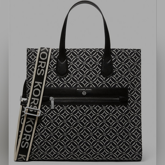 MICHAEL KORS KEMPNER LARGE LOGO JACQUARD TOTE BAG Black Light Cream - Picture 3 of 8